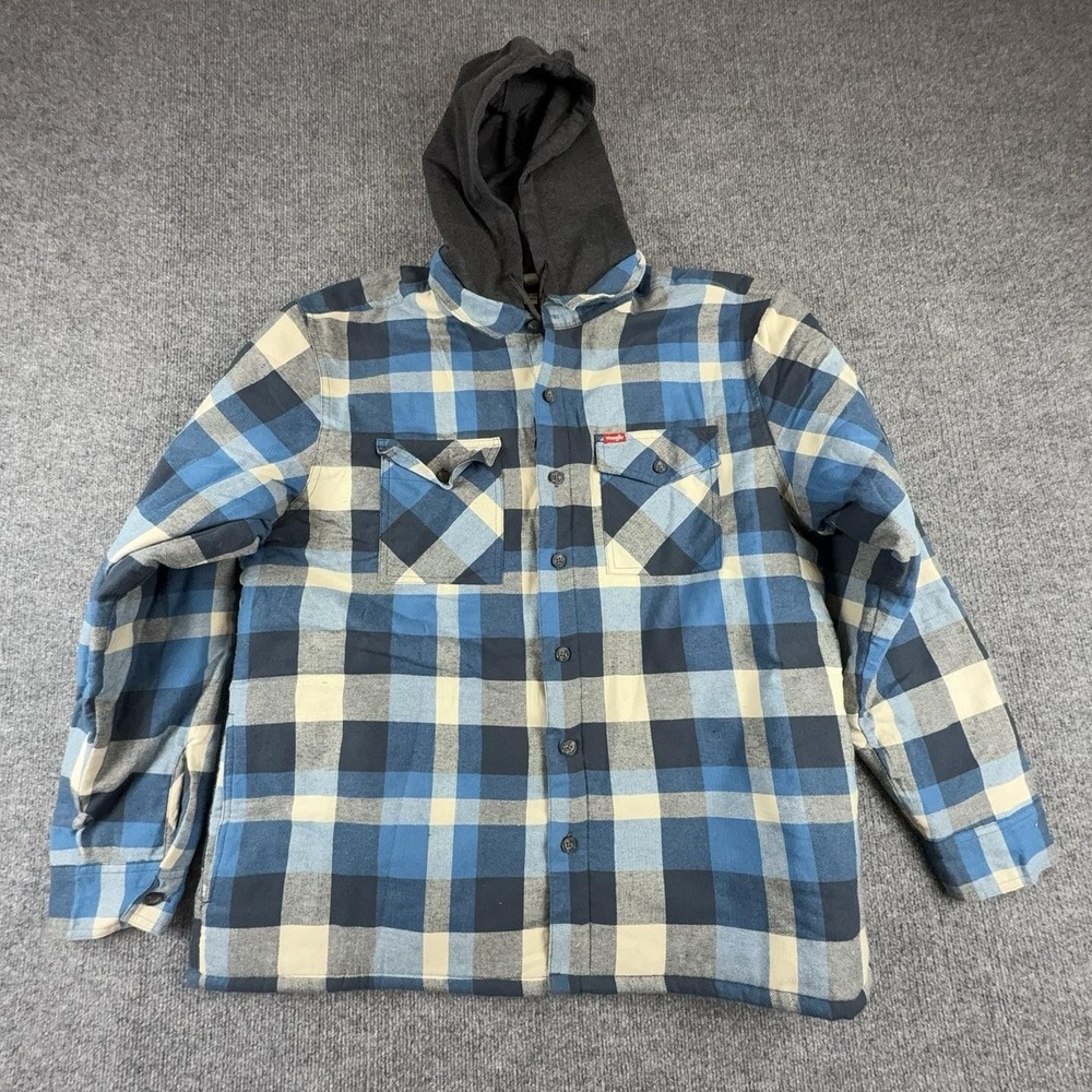 Wrangler Jacket Mens XL Blue Plaid Hooded Quilted Flannel Lined Shacket
